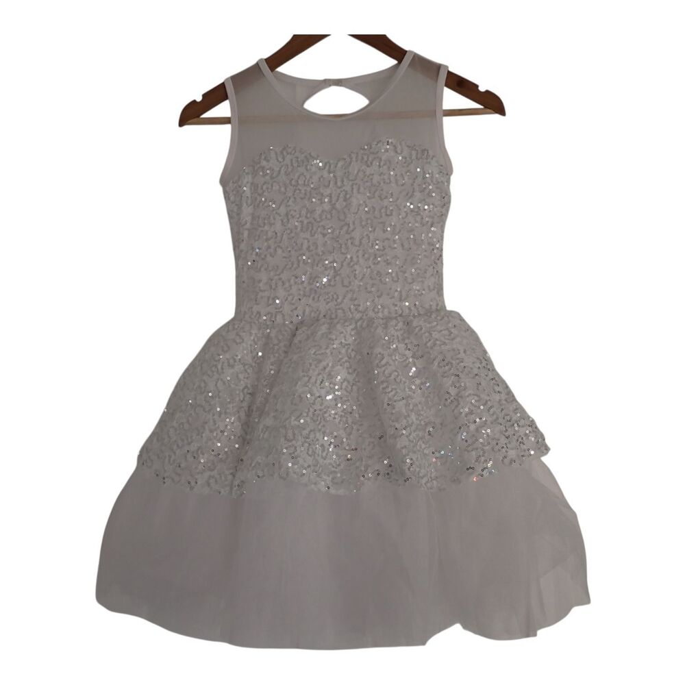 Girls Tutu Dance Dress XL White Sequin Tulle Party Sleeveless Ballerina